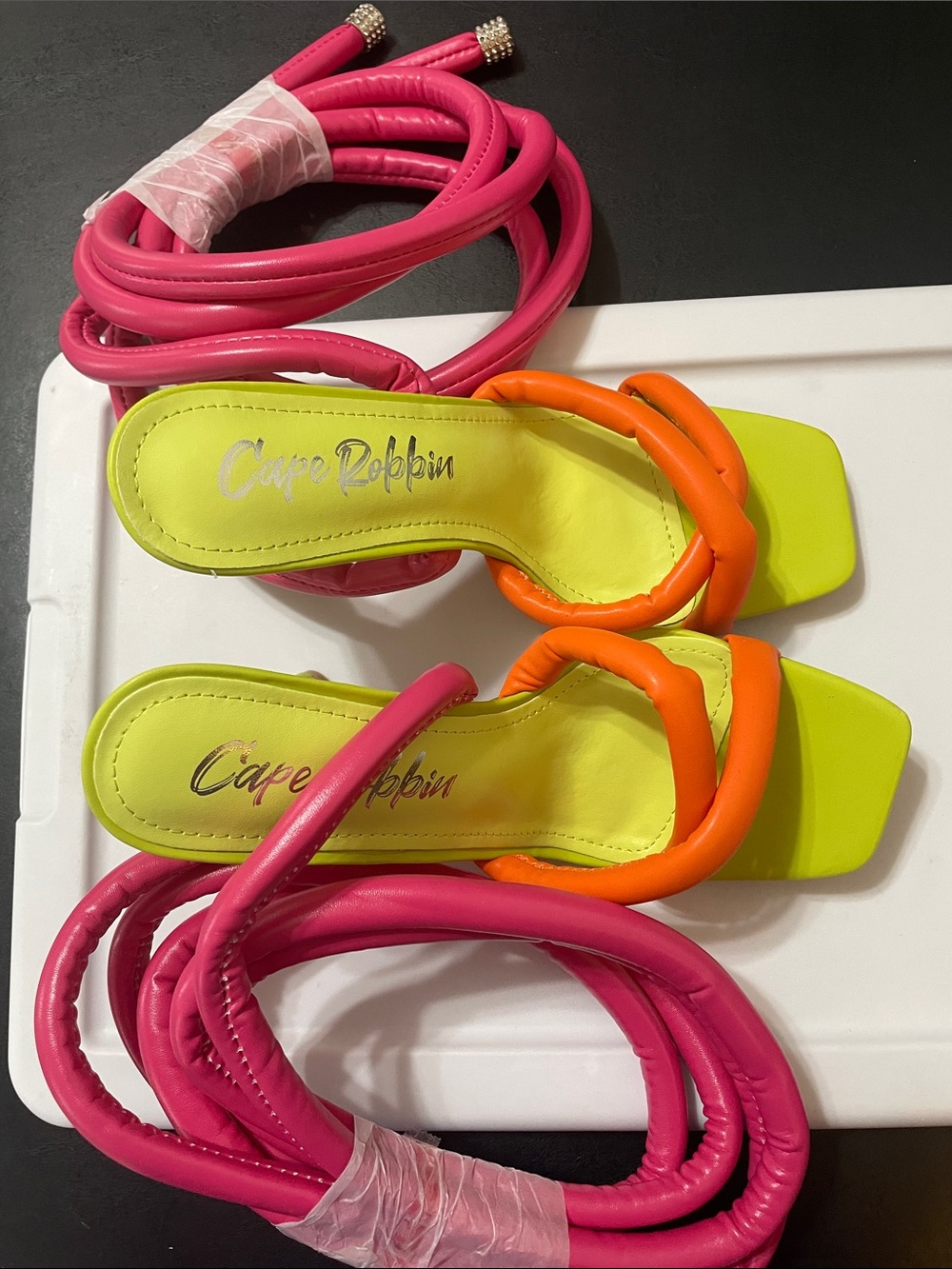 Cape Robbin Neon Yellow/ Orange heel sandals w Hot pink straps NWT Sz. 9